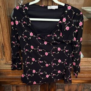 Dressbarn Black Top with Embroidered Pink Floral Design